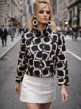 Grace Black Cream Abstract Circle Print Cropped Jacket Retro Mod Style S